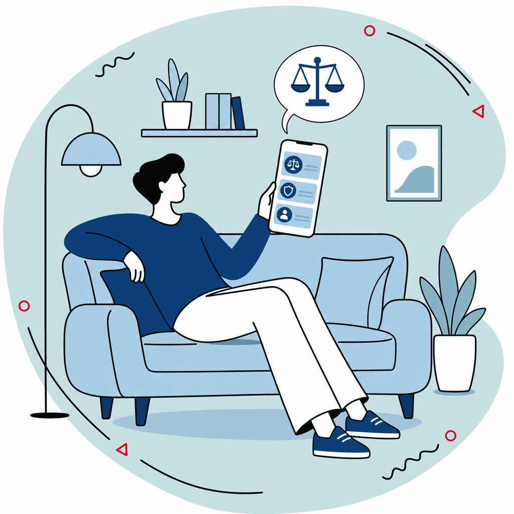 Person auf Sofa wählt entspannt per Smartphone ein Rechtsdienstleistungspaket in einer App aus.
